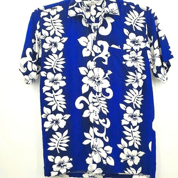Bali Collection Passion Hawaiian Royal Navy Blue White Floral Hawaiian Shirt 14 - Picture 9 of 12